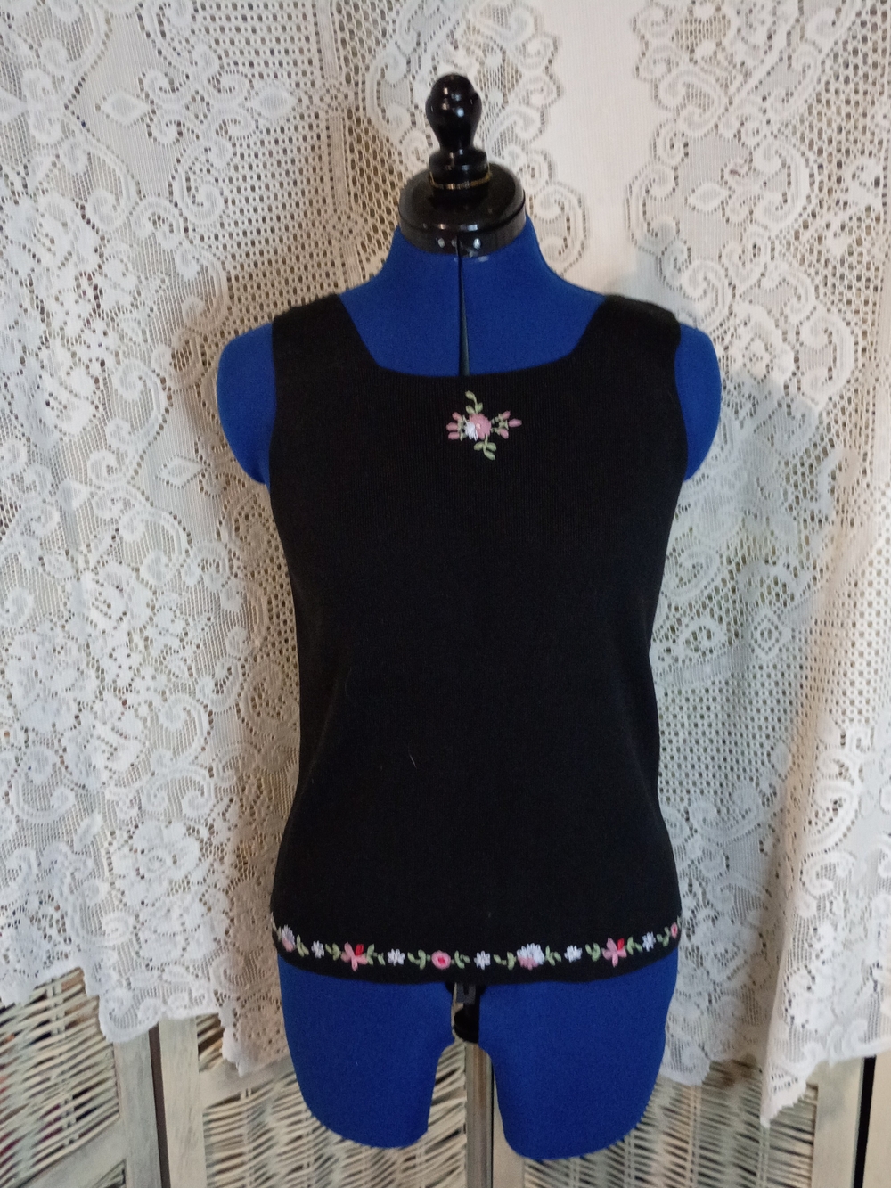 Vintage Black Knit Tank Top with Pink Floral Embroidery